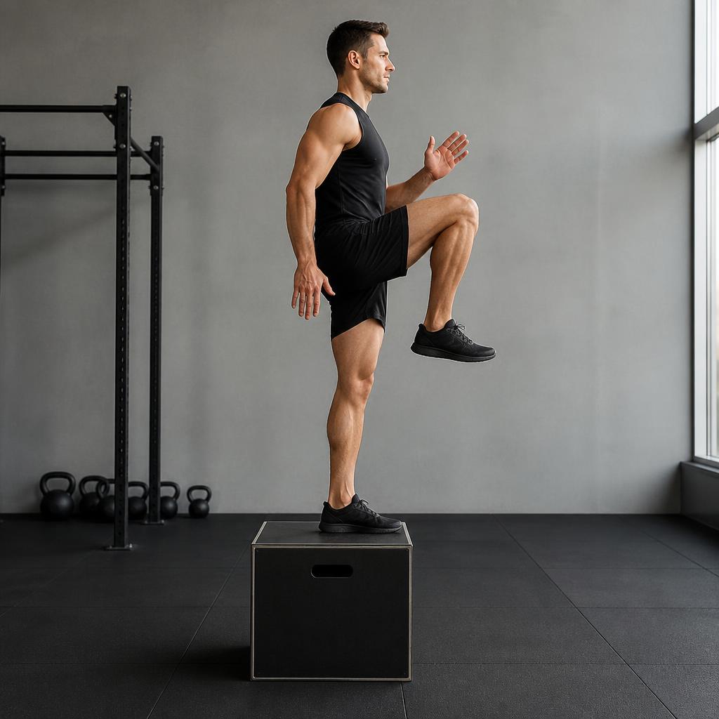 Box Step-Up with Knee Drive — end position