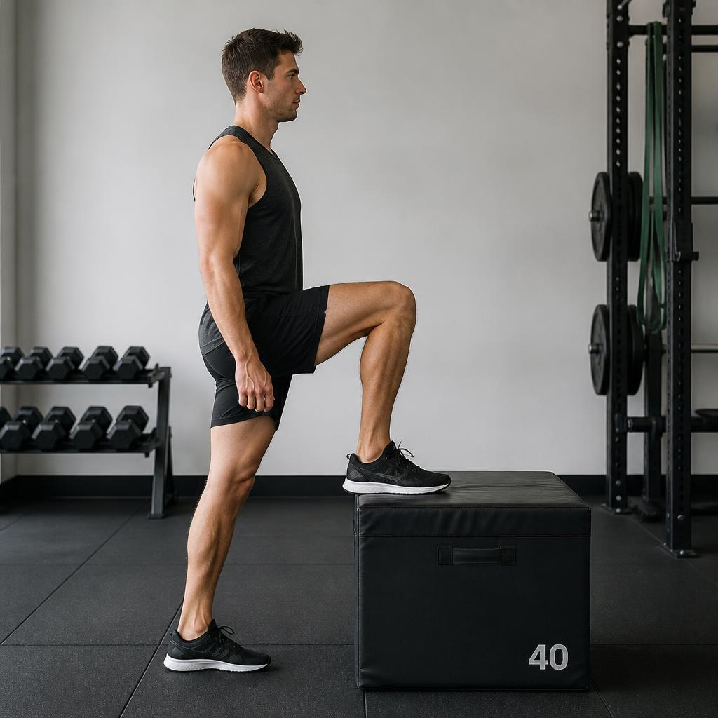 Box Step-Up with Knee Drive — start position